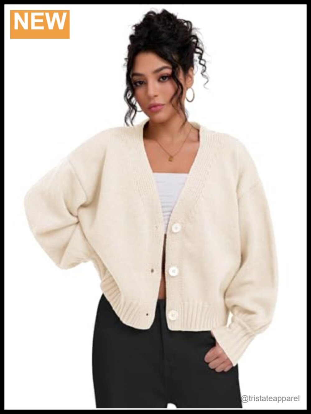 Chunky Knit V-Neck Button Cardigan Sweater Cropped Long Sleeve